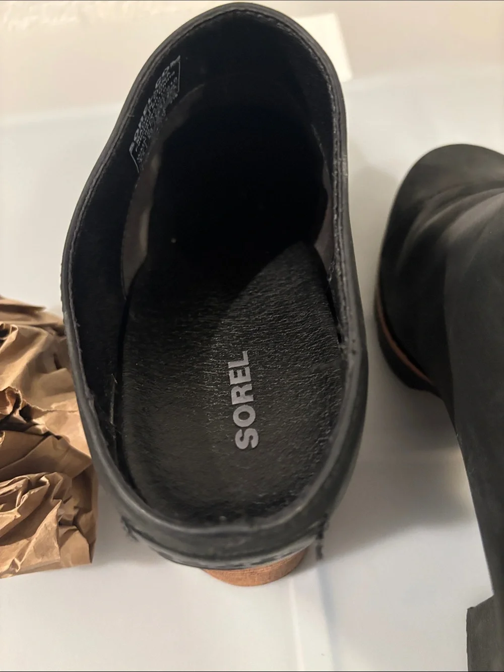 Sorel Black Addington Mule boots SZ 8.5 stacked heel slip on waterproof leather - Picture 11 of 12